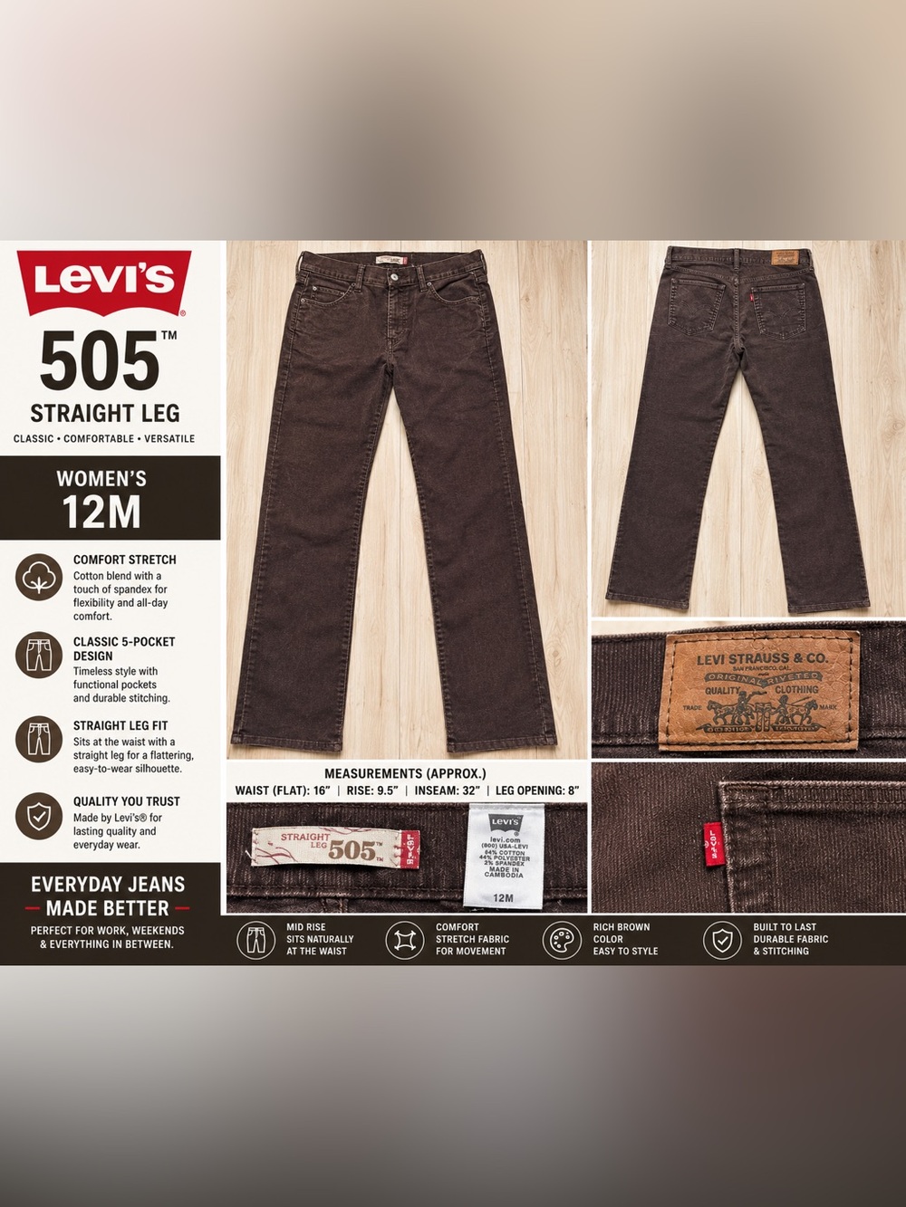 Levi’s 505 Straight Leg Jeans Women’s 12M Brown Stretch Denim Pants Mid Rise